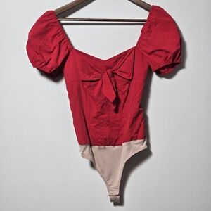 Amanda Uprichard Red Puff-Sleeve Tie-Front Thong Bodysuit